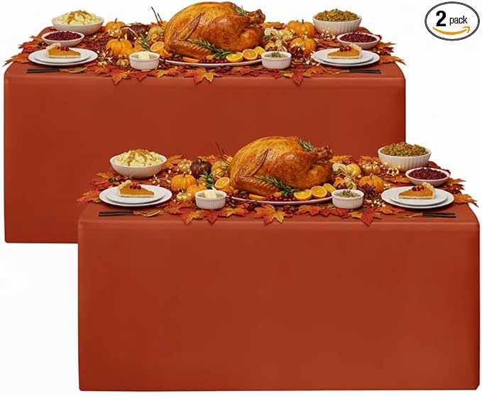 HolidayIdeas 2 Pack Fitted Thanksgiving Tablecloth for 4ft Tables, Rust Table Cover for Holiday Dinner & Buffet, Wrinkle-Resistant Fall Party Decorations for The Home