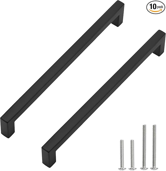 Cabinet Pulls Matte Black Cabinet Handles Square Drawer Pulls, 10 Pack 10 Inch Stainless Steel Kitchen Door Cupboard Cabinet Handles, Drawer Hardware Handles, 256mm Hole Centers