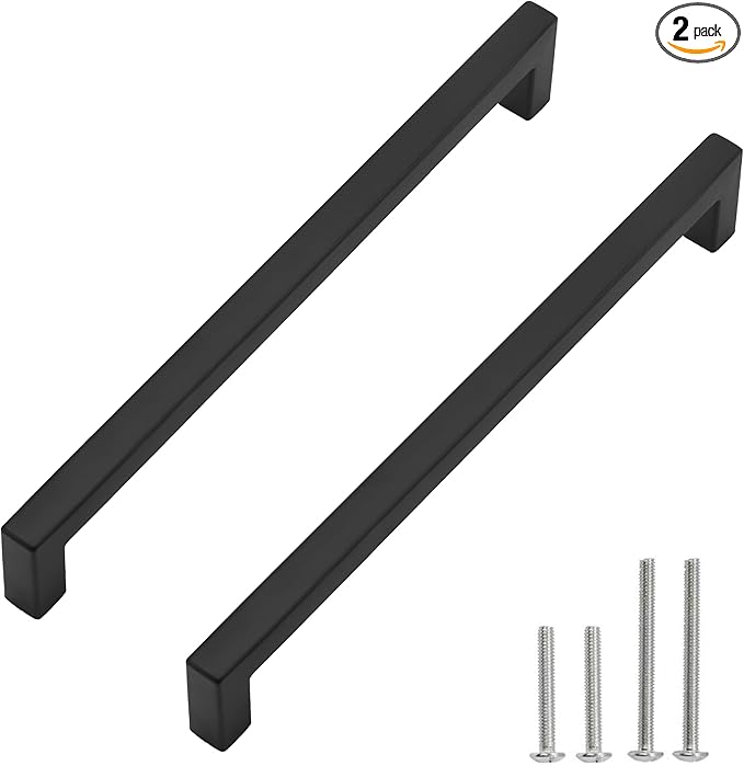 Cabinet Pulls Matte Black Cabinet Handles Square Drawer Pulls, 2 Pack 10 Inch Stainless Steel Kitchen Door Cupboard Cabinet Handles, Drawer Hardware Handles, 256mm Hole Centers
