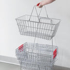 Chrome Shopping Basket with Red Handles, Metal Construction, 17.75 x 12.75 x 7.5 Inches, 40 lb Capacity, Nesting Design for Retail
