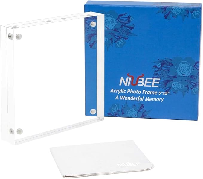 NIUBEE 5x5 Picture Frames, Clear Acrylic Photo Frame with Gift Box Package, 20% Thicker Blocks Magnetic Desktop Card Display