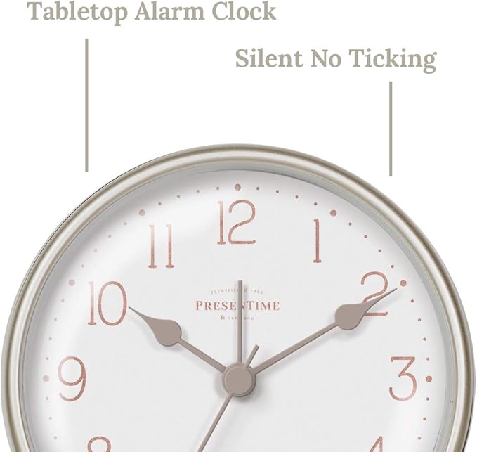 Presentime & Co 4" Chic Home Tabletop Alarm Mantel Clock, Desk and Shelf Clock, Silent no Ticking, Warm Gray and Chic Silver Finish. Tabletop Décor, Home Décor