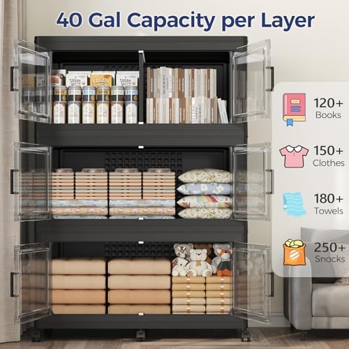 200GAL Extra Large Storage Bins with Lid, 800Qt Stackable Closet Organizers and Drawers, Collapsible Storage Bins with Wheels, Folding Containers for Home, Kitchen Office, 5Pack Black