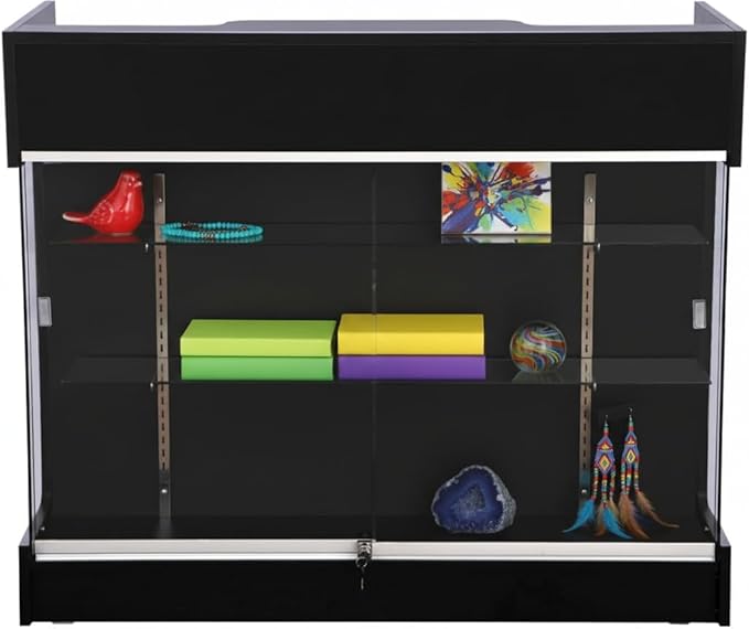 Ledge Top Counter with Showcase, 4ft – Tempered Glass Display Case with Locking Front, Sliding Doors, Drawers & Shelves – Retail Store Counter Cabinet (Black)