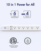 2 Pack Surge Protector Power Strip - 10FT Long Extension Cord with Multiple Outlets, 6 Widely Outlets 4 USB Charging Ports, Flat Plug Overload Surge Protection, Wall Mount for Home, Office ETL Listed
