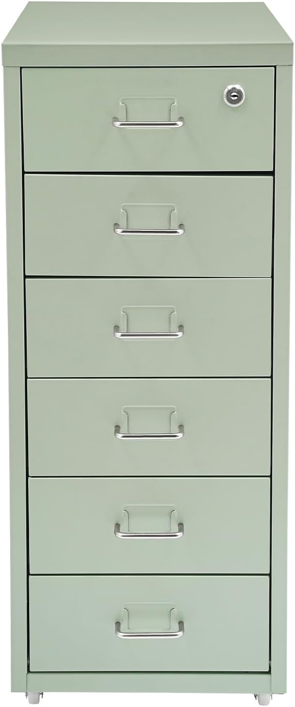 Vertical File Cabinet with 6 Drawer, Metal File Cabinet with Lock Filing Storage with Mobile Casters for A4 Legal/Letter Size Narrow
