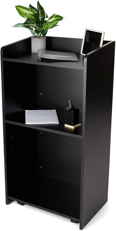Displays2go Hostess Station, Hidden Wheels, Adjustable Shelf, Black (LCKDPHSBK)