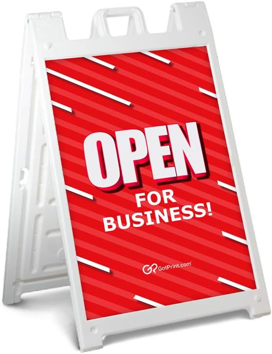 GotPrint A Frame Sign | Open for Business Signs 24" x 36" Inch | Comes with Pre-Designed Folding Sidewalk Sign with Stand Standard White Sandwich Board