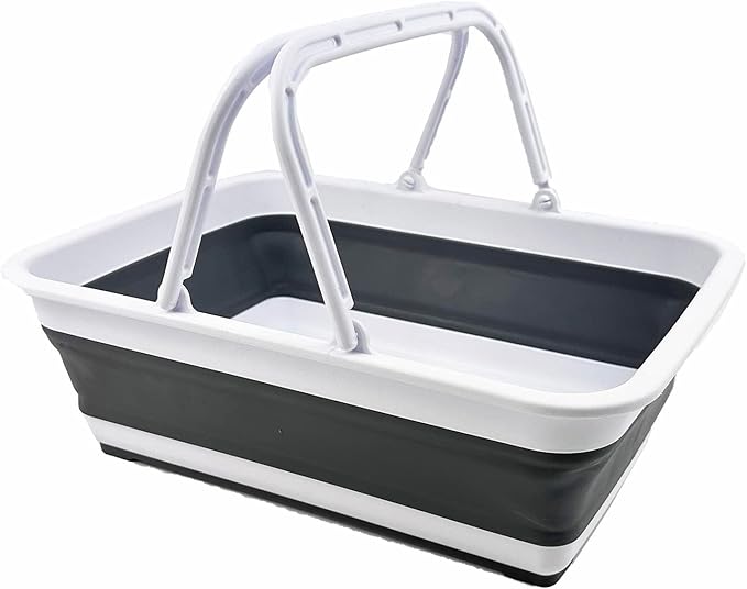 SAMMART Collapsible Basket with Handle 8L (2.1 Gallon) - Portable Outdoor Picnic Basket/Crate -Foldable Basin for Washing Dishes,Camping,Hiking (White/Steel Grey)