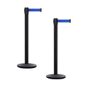 Montour Line MI650 Set of 2 Retractable Belt Barrier Stanchion, Cast Iron Base, Black Powder Coated Steel Post (16 ft Blue Belt)