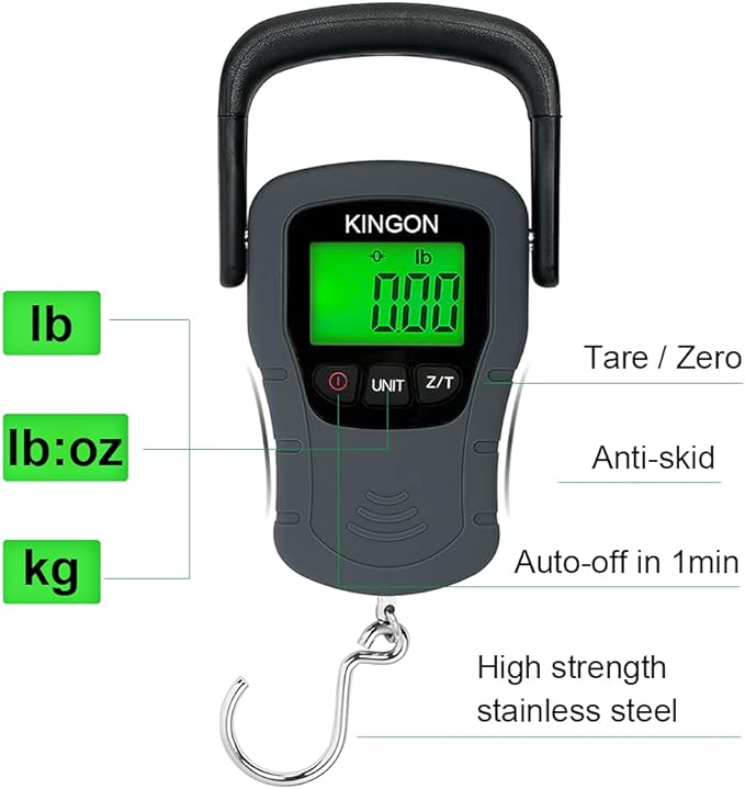 Digital Hanging Luggage Scale with Comfortable Handle and Large Hook, 110lb/50kg, Backlit Portable Scale for Travel Fishing with Tare/Hold Function, AAA Batteries Included, Grey
