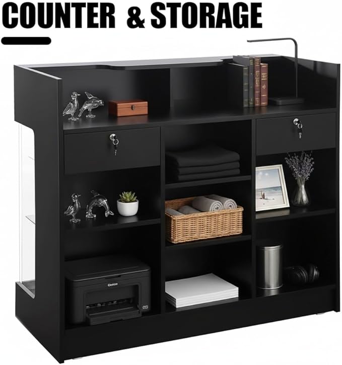 4ft Retail Checkout Counter with Front Glass Display Showcase – Black Ledge Top Store Counter with Tempered Glass, Locking Drawers & Storage Shelves – Boutique Display Cabinet