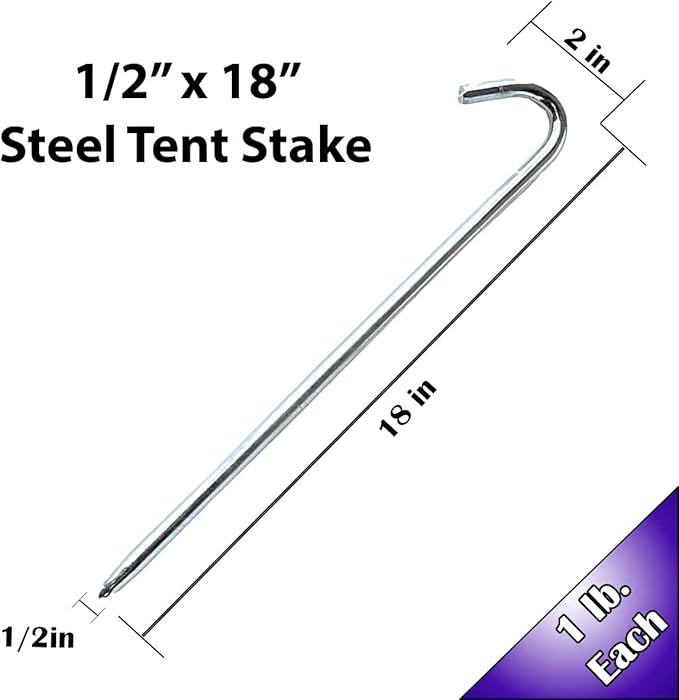 Steel Tent Stakes Heavy Duty Ground Stake, Metal Stakes to Anchor Commercial Inflatables, Outdoor Camping Canopy, Fence, Garden Tent Accessories, 1/2" Diameter x 18" Length, 4 Pack