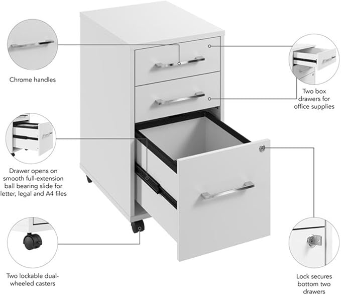 Bush Business Furniture Hustle 3 Drawer Rolling File Cabinet in White, Mobile Document Storage for Home and Professional Office