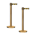 Montour Line MI650 Set of 2 Retractable Belt Barrier Stanchion, Cast Iron Base, Satin Brass Post (16 ft Black and Yellow Diagonal Belt)