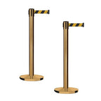Montour Line MI650 Set of 2 Retractable Belt Barrier Stanchion, Cast Iron Base, Satin Brass Post (16 ft Black and Yellow Diagonal Belt)