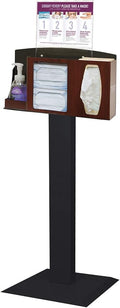 Cover Your Cough Compliance Holds 1 Hand sanitizer, 2 Masks, & 1-2 Tissue. Cherry Fauxwood ABS Plastic, Stand Black Powder-Coated Steel. Horiz. Sign Holds 11x8.5” Signage Included.