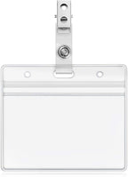 Clear Plastic Horizontal Name Tag Holder and Metal Badge Clip with Vinyl Straps Waterproof PVC ID Card Holders (100 Pack, Horizontal Large 3x4)