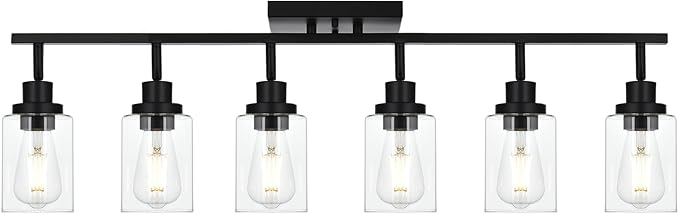 6-Light Track Lighting Kit Black Track Lighting Fixtures Bathroom Wall Sconces Ceiling Mount Kitchen Tracking Lights, Rotatable Spotlight with Clear Glass Shade for Kitchen Shop Hallway