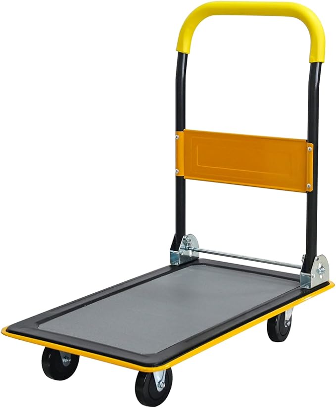 Yellow Folding Platform Hand Truck 330 lbs Capacity, Heavy Duty Flatbed Cart with 360° Swivel Silent Wheels, Non-Slip Steel Dolly for Warehouse, Office, or Home – Foldable Design