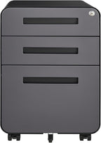 3 Drawer Mobile File Cabinet with Lock, Under Desk Metal Filing Cabinet for Home Office, Assembled Removable Under Desk Storage with Wheels for A4-Size/Letter-Size/Legal-Size (Grey)