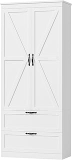 HOSTACK 70" Tall Kitchen Pantry Storage, Barn Doors Pantry Cabinet with Drawers and Adjustable Shelf, Modern Farmhouse Storage Cabinet for Kitchen, Dining Room, Living Room, Bathroom, White