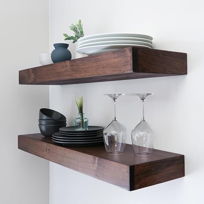 Urbandi Modern Floating Shelves 3 Inches Thick for Wall, Wide Shelves for Kitchen, Living Room, Bedroom, and Bathroom, Natural Pine Wood, Rustic Wooden Shelf, (Set of 2) (Provincial, 36Lx3Hx8D)