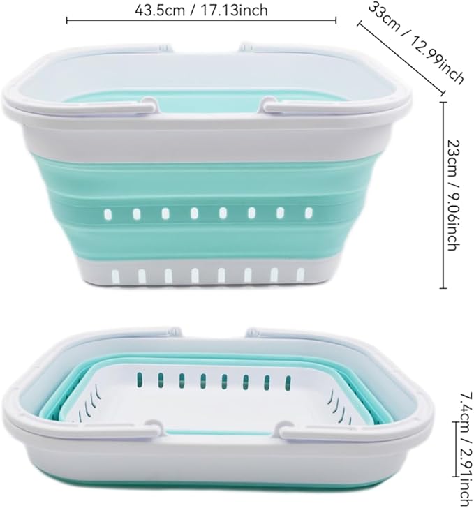 SAMMART 19L (5 Gallon) Collapsible Tub with Handle - Portable Outdoor Picnic Basket/Crater - Foldable Shopping Bag - Space Saving Storage Container (1, White/Lake Green)