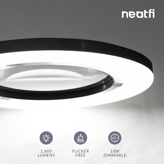 Neatfi XL Bifocal LED Magnifying Lamp, 7-Inch Acrylic Lens, 5D/20D Magnification, Hands-Free, Dimmable, 84 SMD LED, Adjustable Arm for Crafts, Reading, Close Work (Black, with Base)