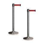 CCW Set of 2 Retractable Belt Barriers Stanchion, Polished Stainless Steel Post, RBB-100 (11 Foot Belt, Red Belt)