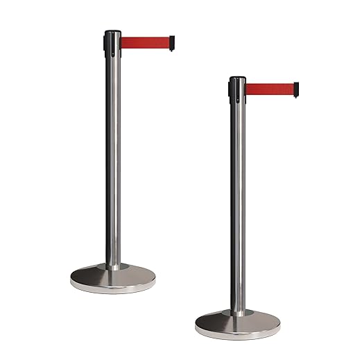 Crowd Control Warehouse CCW Set of 2 Retractable Belt Barriers Stanchion, Polished Stainless Steel Post, RBB-100 (9 Foot Belt, Red Belt)
