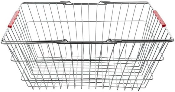 Chrome Shopping Basket with Red Handles, Metal Construction, 17.75 x 12.75 x 7.5 Inches, 40 lb Capacity, Nesting Design for Retail