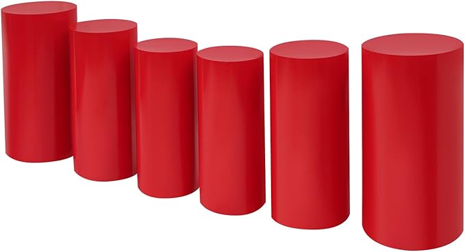 OUKANING 6 PCS Metal Display Pedestal Stands, Red Cylinder Display Stands Pillars, Decoration Cube Sculpture Display Column for Wedding Party Baby Shower Birthday, H27.56'', 26'', 23.62''