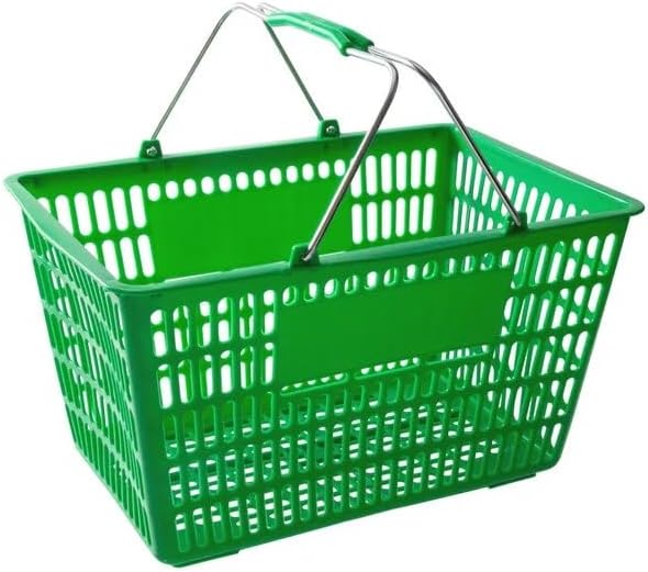 Plastic Shopping Basket, Green, Steel Handles, 18 11/16 x 12 3/8 x 10 7/16 Inches, 55 lb Capacity, Stackable Design for Grocery Market