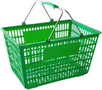 Plastic Shopping Basket, Green, Steel Handles, 18 11/16 x 12 3/8 x 10 7/16 Inches, 55 lb Capacity, Stackable Design for Grocery Market