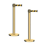 Montour Line MI650 Set of 2 Retractable Belt Barrier Stanchion, Cast Iron Base, Polished Brass Post (16 ft Black and Yellow Diagonal Belt)