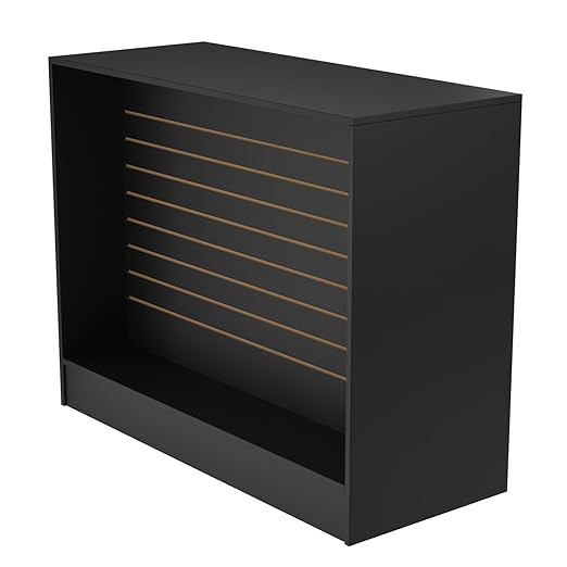 48” W ×20” D × 38” H - Ledge top Checkout Counter with Slatwall Display Front, Black Wooden Slat Wall Cash Register Stand,Retail Counter Display