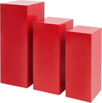 OUKANING 3 PCS Metal Display Pedestal Stands, Square Red Display Stands Pillars, Decoration Cube Sculpture Display Column for Wedding Party Baby Shower Birthday, H31.49'', 25.59'', 23.62''