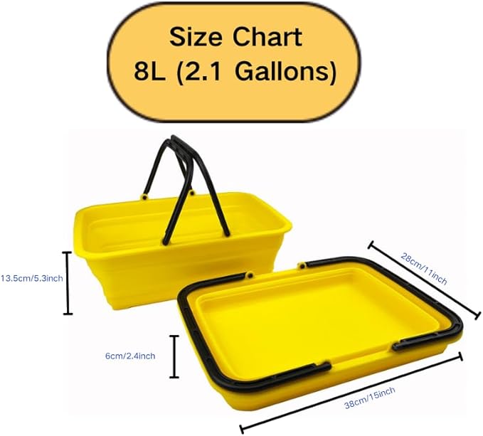 SAMMART Collapsible Basket with Handle 8L (2.1 Gallon)- Portable Outdoor Picnic Basket/Crate - Foldable Basin for Washing Dishes,Camping,Hiking (Golden Yellow)