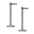 Montour Line MI650 Set of 2 Retractable Belt Barrier Stanchion, Cast Iron Base, Black Satin Stainless Steel Post (16 ft Black and Yellow Diagonal Belt)