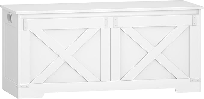 42.9" Storage Chest, Large Storage Trunk with 2 Hinges, Farmhouse Wooden Box Bench, Lift-Top Organizer Chest, Entryway Trunk for Bedroom, Living Room, White SB10903X