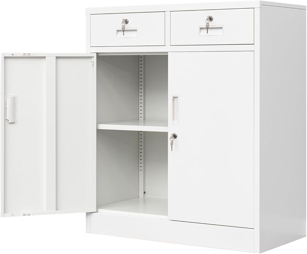 Metal Storage Cabinet, Locking Storage Cabinet with Adjustable Shelf, 36" H Metal Cabinets with 2 Drawers for Office, Garage, Home-White