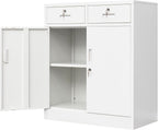 Metal Storage Cabinet, Locking Storage Cabinet with Adjustable Shelf, 36" H Metal Cabinets with 2 Drawers for Office, Garage, Home-White