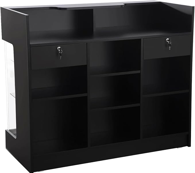Ledge Top Counter with Showcase, 4ft – Tempered Glass Display Case with Locking Front, Sliding Doors, Drawers & Shelves – Retail Store Counter Cabinet (Black)