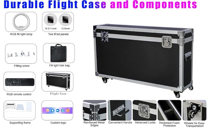 Portable Photo Booth for iPad 10.2in 10.9in 11in 12.9in,Metal Shell Selfie Station photobooth Machine,RGB Ring Light,Free Custom Logo,Remote Control,Flight Case,for Parties,Wedding,Halloween