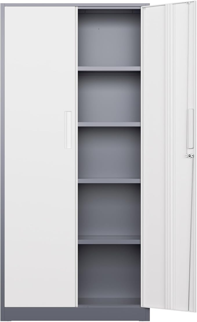 INTEGREAT Metal Storage Cabinet,71" Grey White Office Metal Cabinet with Locking Doors and Adjustable Shelves,Steel Locking Cabinets for Office,Home,Garage,Gym,School