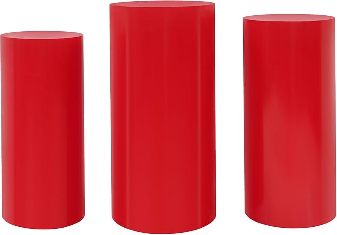 OUKANING 3 PCS Metal Display Pedestal Stands, Cylinder Red Display Stands Pillars, Decoration Cube Sculpture Display Column for Wedding Party Baby Shower Birthday, H27.56'', 26'', 23.62''