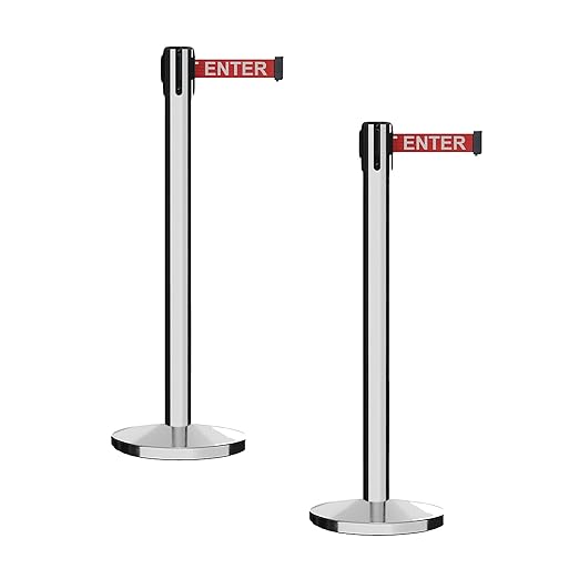 Montour Line MI650 Set of 2 Retractable Belt Barrier Stanchion, Cast Iron Base, Polished Stainless Steel Post (16 ft Red with"Caution - DO NOT Enter" White Letters Belt)