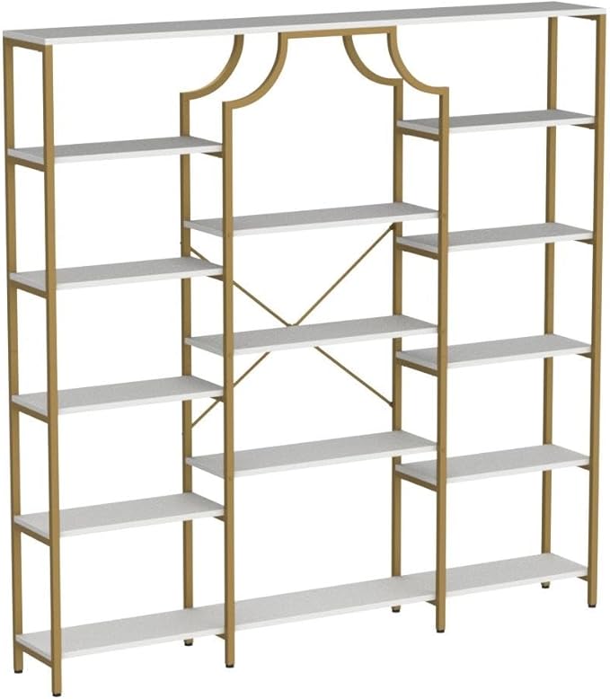 Loomie Triple Wide Bookshelf, 70.87" W/H Large Tall Etagere Bookcase, Modern 13-Open Shelves Geometric Bookshelf, Display Storage Metal Book Case, for Bedroom, Home Office & Living Room, Gold & White