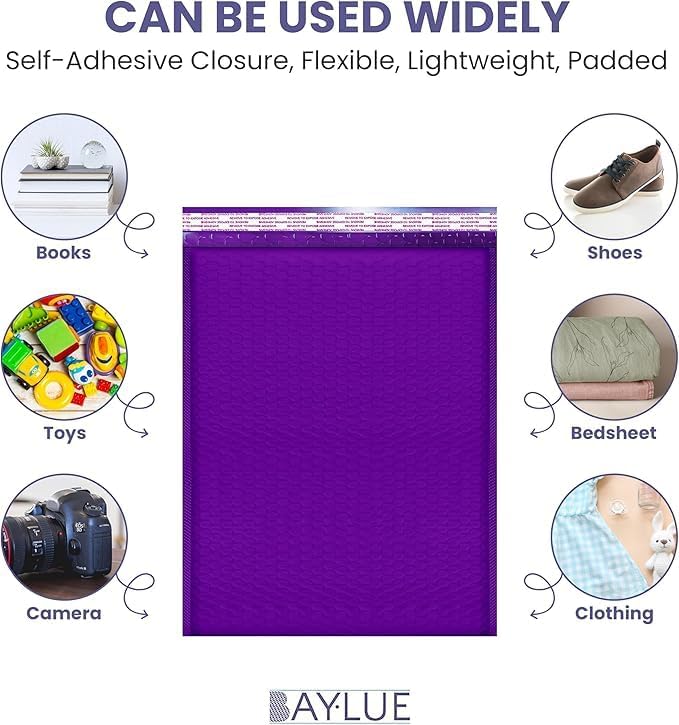 Purple 12.5x19.5 Inch Large Poly Bubble Mailers #6 | Padded Envelopes with Self Seal | Air Lined Cushioned Bubble Mailer | Usable Size 12.5x15 | 100 Pack Bulk | Lightweight shipping Bags